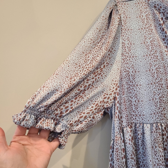 KARLIE Icy Blue And Brown Dot Print Satin Oversized Tiered Maxi Dress - Picture 6 of 12